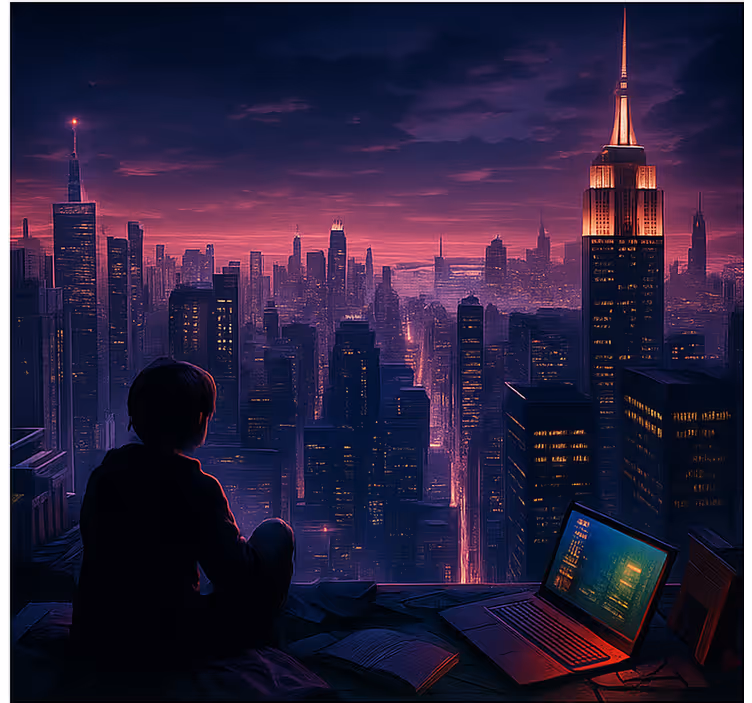 Estor enrollable gamer vista de jugador de rascacielos futurista - TenVinilo