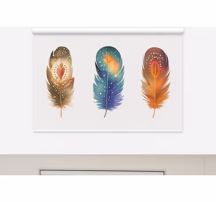 Estor enrollable comedor plumas coloridas de inspiración tribal - TenVinilo