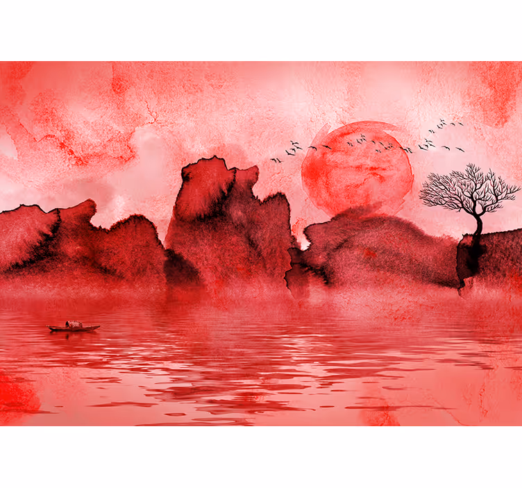 Estor enrollable rojo paisaje de tinta china - TenVinilo