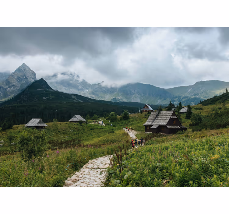 Estor enrollable verde casas de madera en montañas tatra - TenVinilo