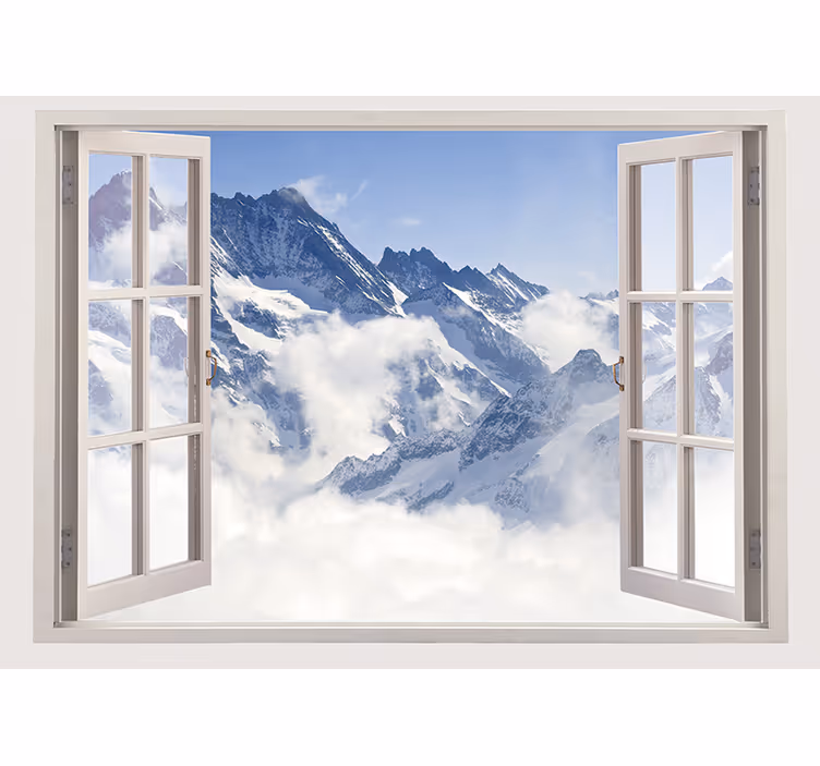 Estor enrollable salón montaña desde la ventana cielo azul - TenVinilo