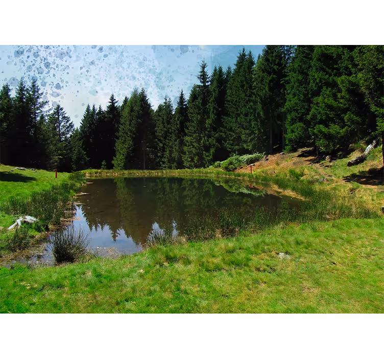 Estor enrollable salón campo verde con árboles y lago - TenVinilo