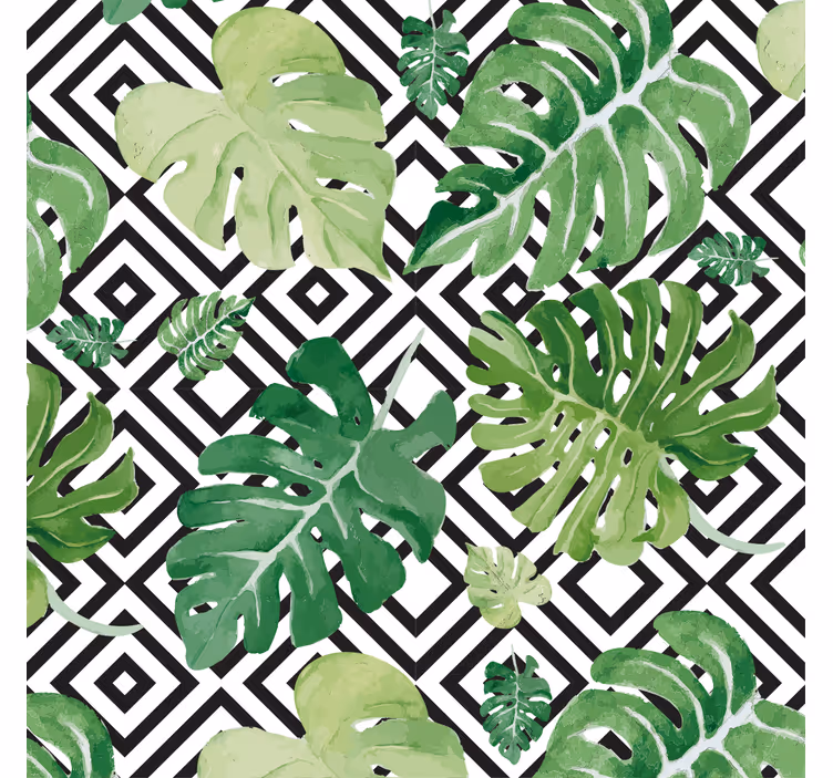 Estor enrollable salón hojas de monstera sobre patrón geométrico - TenVinilo