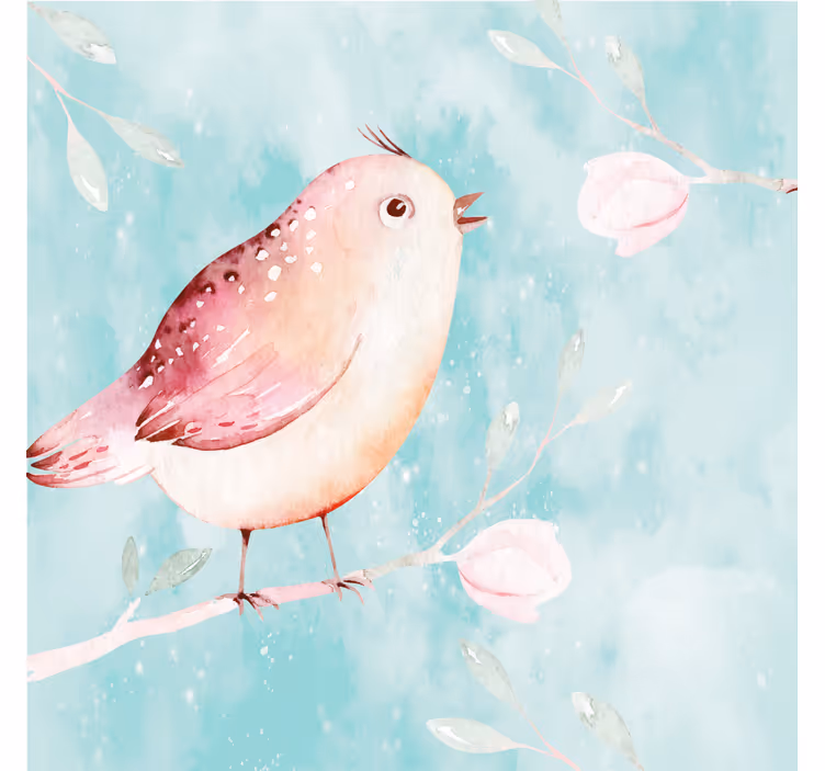 Estor enrollable salón pájaro pintado con flores blancas - TenVinilo