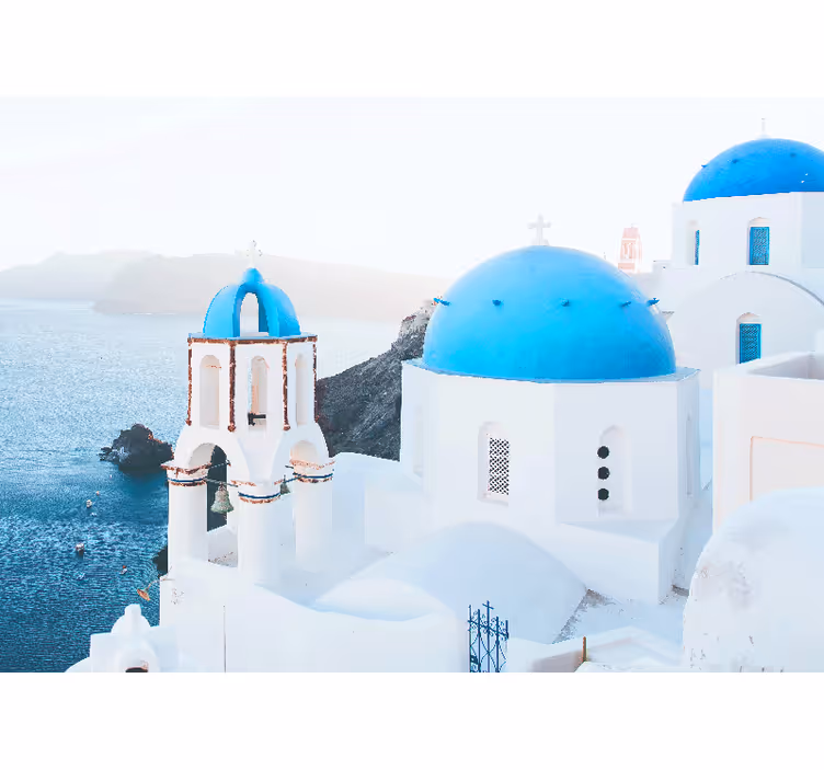 Estor enrollable habitación casas blancas y azules de Santorini - TenVinilo