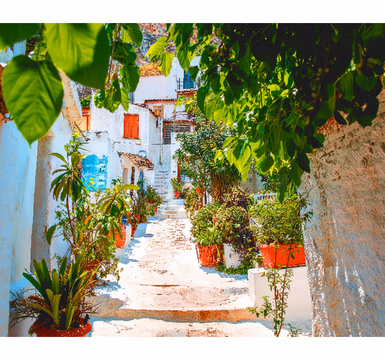 Estor enrollable habitación calle mediterránea con flores - TenVinilo