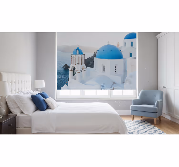 Estor enrollable habitación casas y océano de santorini - TenVinilo