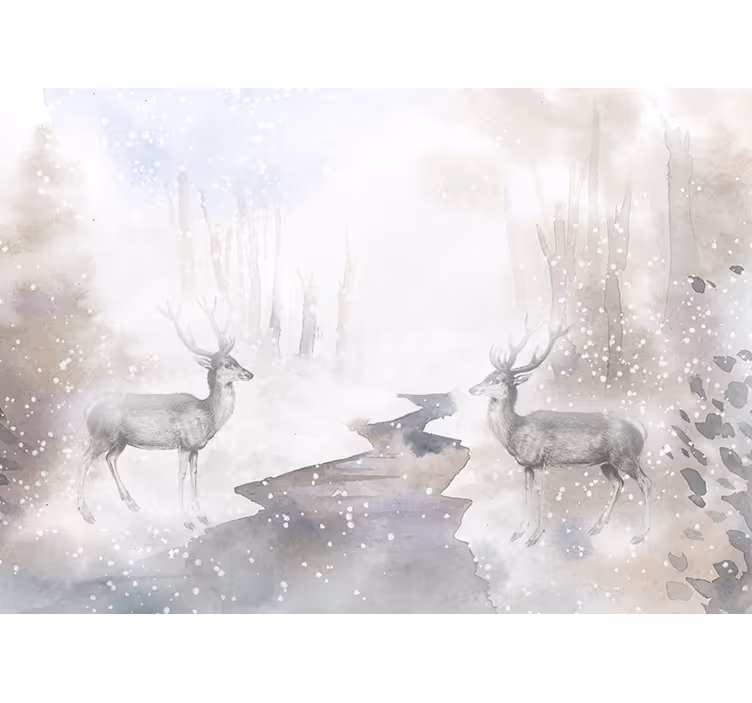 Estor enrollable blanco bosque artístico con alces blancos - TenVinilo