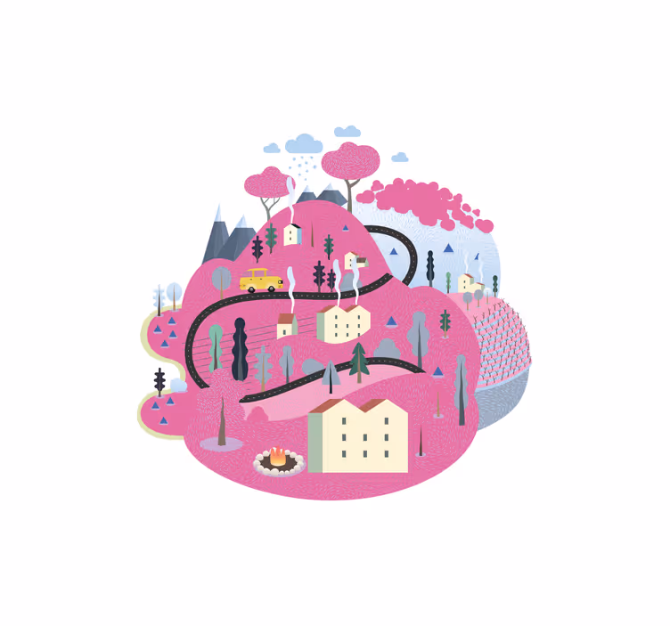 Estor enrollable infantil montañas rosas con casas - TenVinilo