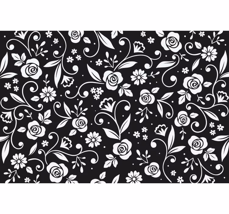 Estor enrollable negro patrón abstracto de flores blancas - TenVinilo