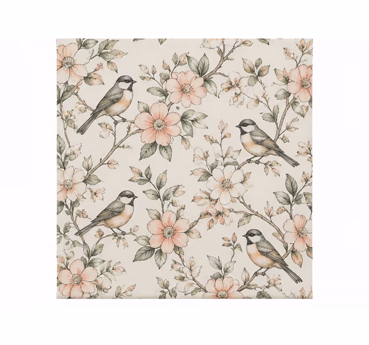 Estor enrollable naranja con diseño de aves y flores - TenVinilo