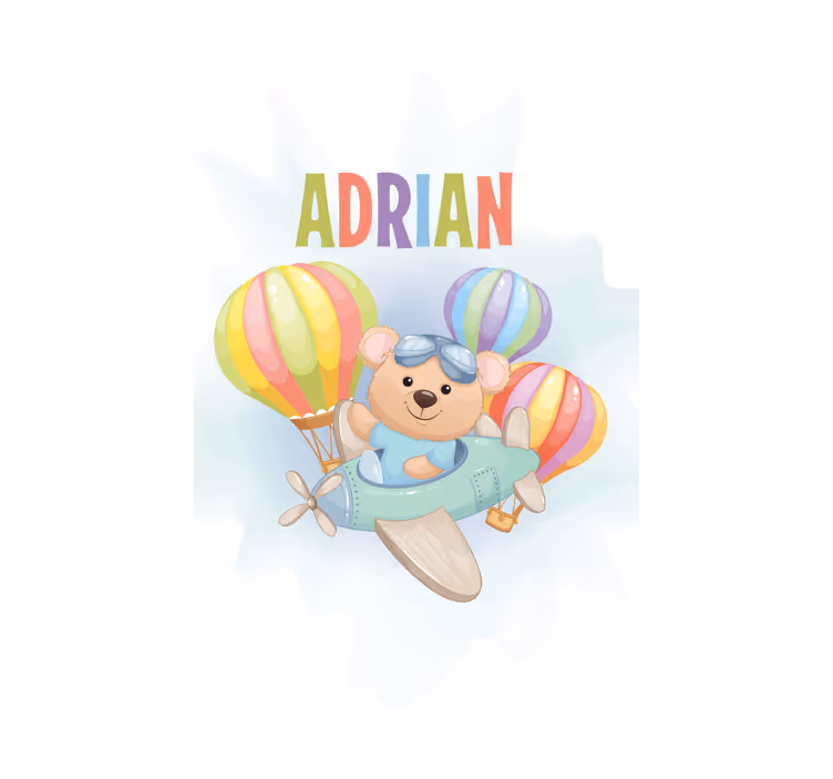 Estor enrollable infantil oso en avión con nombre - TenVinilo