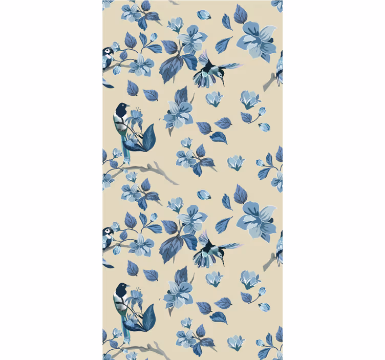 Estor enrollable flores pájaros azules y hojas - TenVinilo
