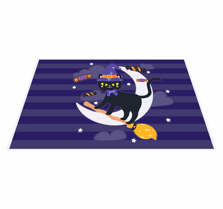 Mantel individual halloween gato brujo en escoba - TenVinilo