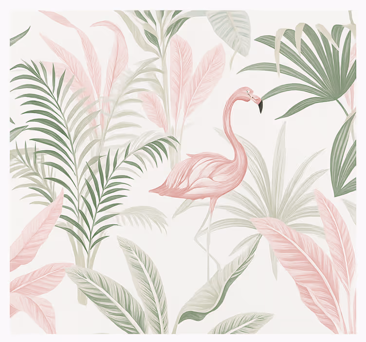 Mural pared salón oasis tropical de flamencos - TenVinilo