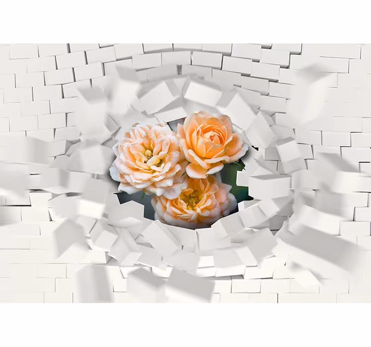 Papel pintado 3D explosión ladrillos con rosas - TenVinilo
