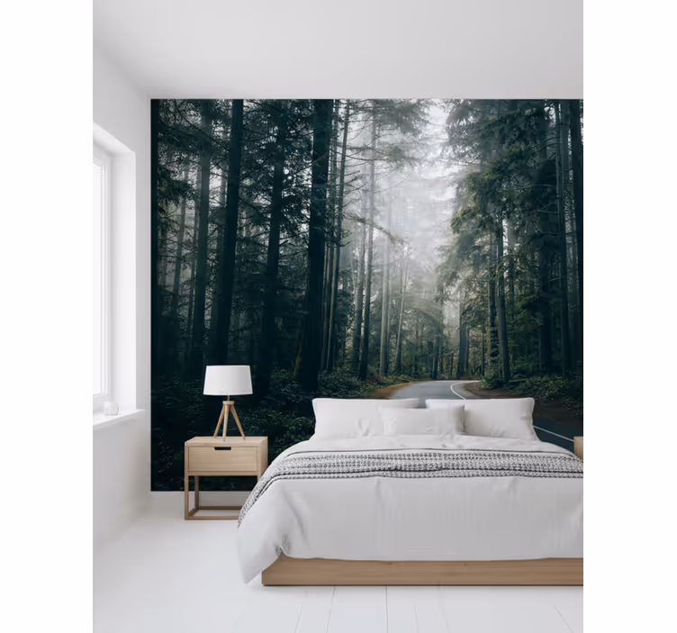 Papel pintado bosque camino de pinos nebulosos - TenVinilo