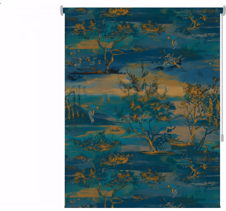 Mural para baño paisaje asiático azul y dorado - TenVinilo