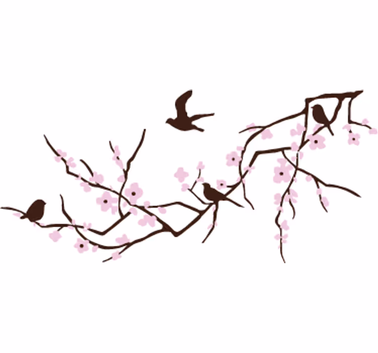 Papel mural blanco con rama horizontal y aves - TenVinilo
