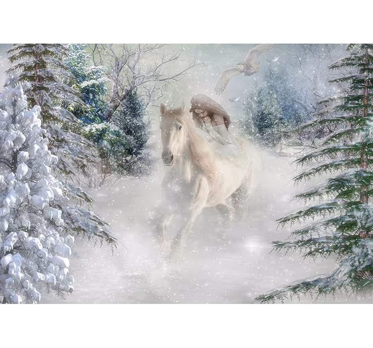 Mural infantil pared fantasía caballo galopando en nieve - TenVinilo