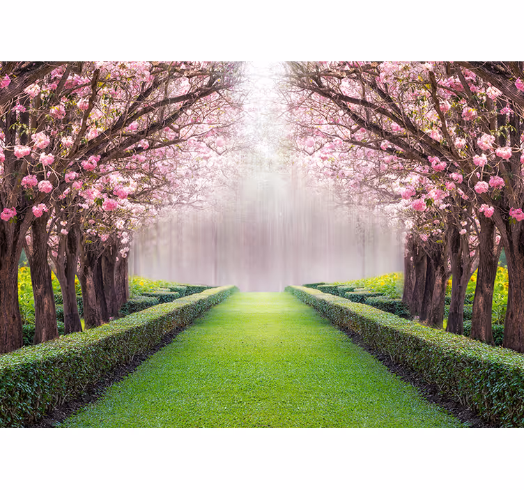 Papel pintado paisaje cerezos en flor rosa - TenVinilo