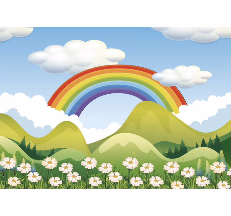 Mural infantil pared arcoiris sobre naturaleza - TenVinilo