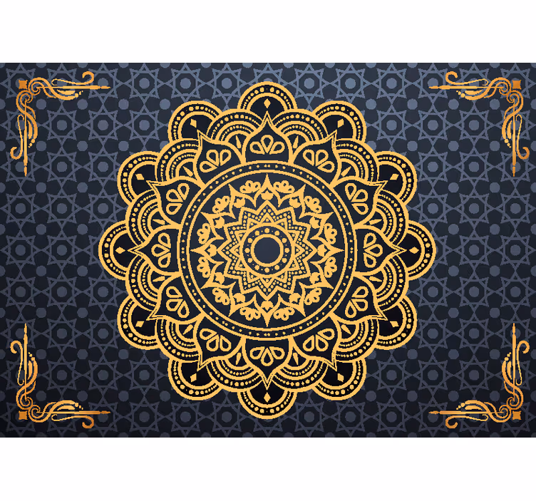 Mural pared dormitorio mandala dorado fondo azul - TenVinilo