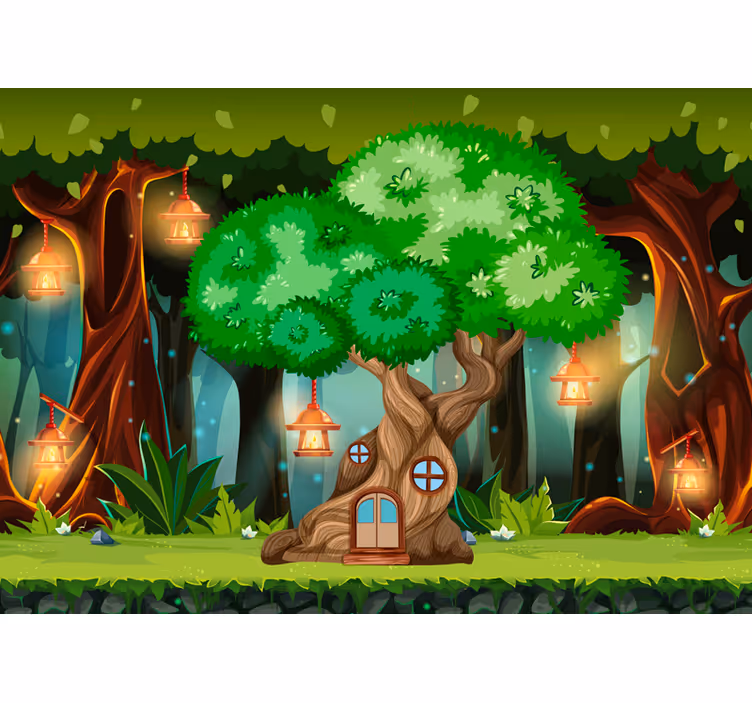 Mural infantil pared casa de árbol de fantasía con linternas - TenVinilo