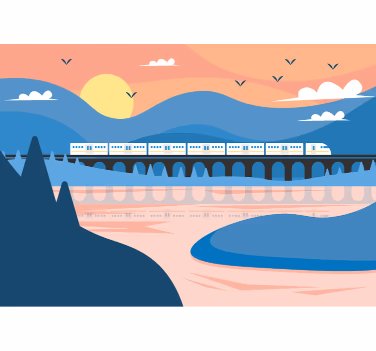 Fotomural ciudad tren sobre puente - TenVinilo