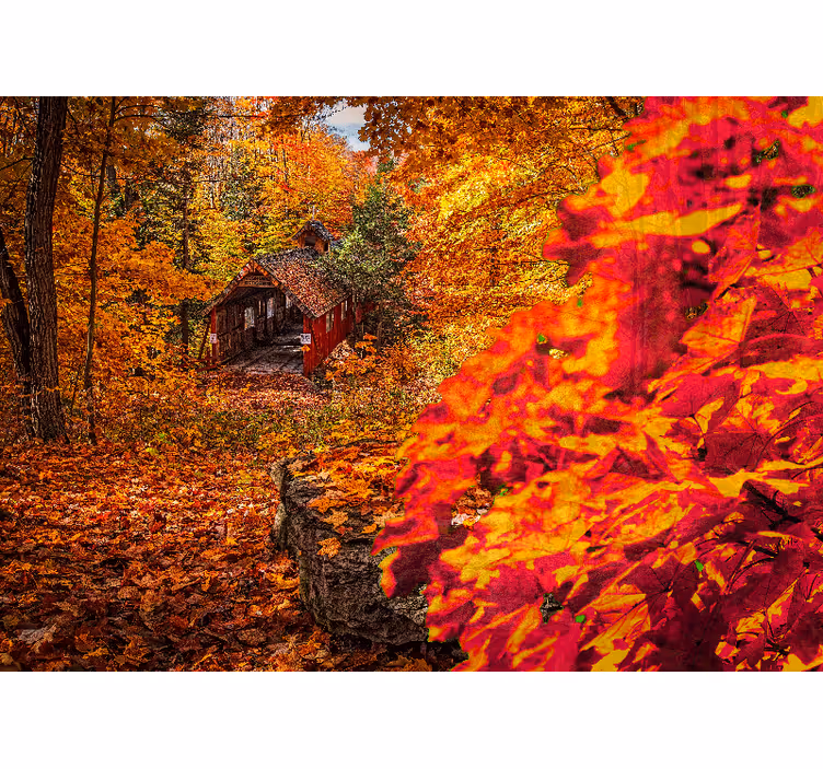 Papel pintado paisaje cabaña de otoño - TenVinilo