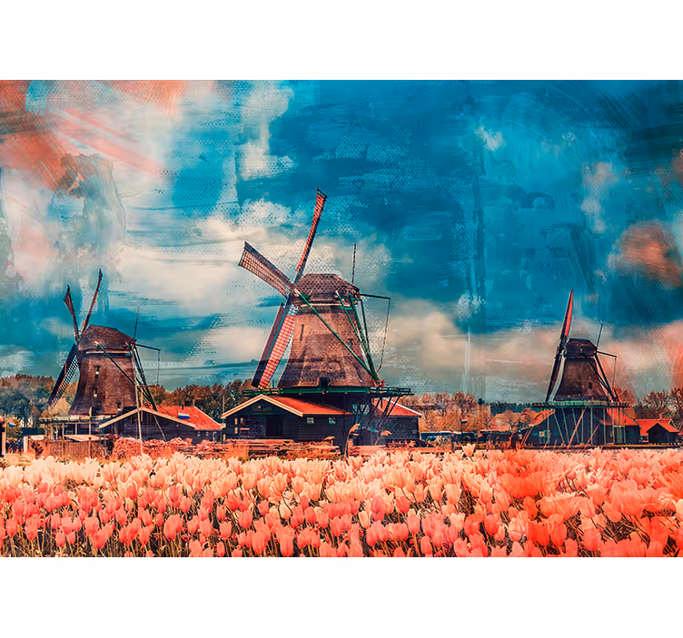 Fotomural ciudad campos de tulipanes y molinos de viento - TenVinilo