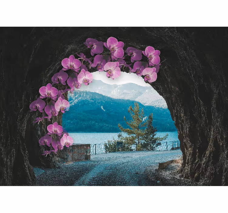 Mural de pared flores orquídeas enmarcando el paisaje - TenVinilo