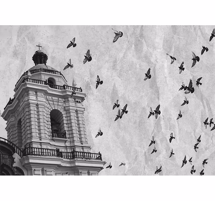 Fotomural ciudad torre histórica de aves - TenVinilo