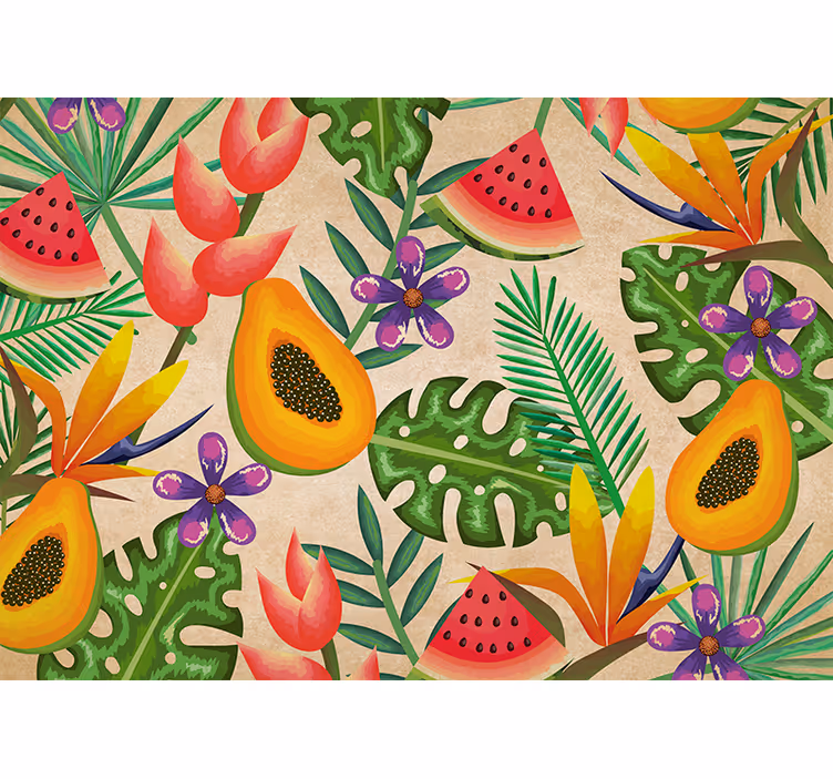 Mural de pared flores con patrones de frutas tropicales - TenVinilo