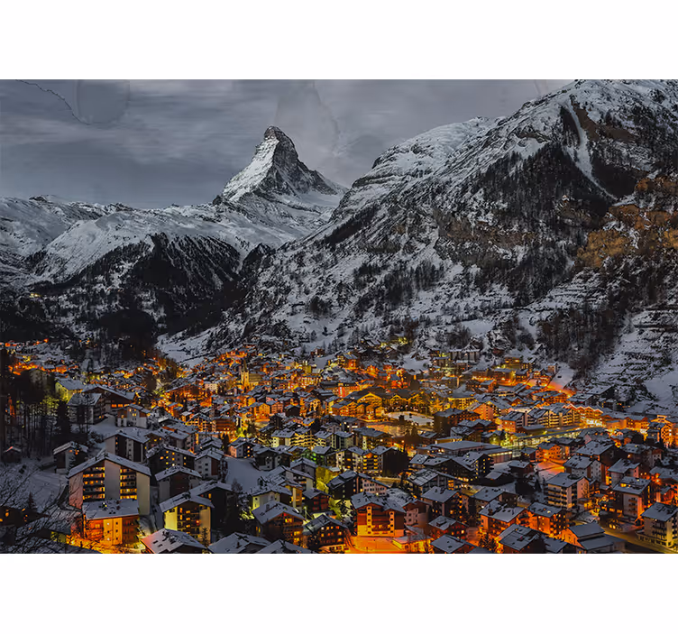 Fotomural montañas pueblo alpino nevado - TenVinilo