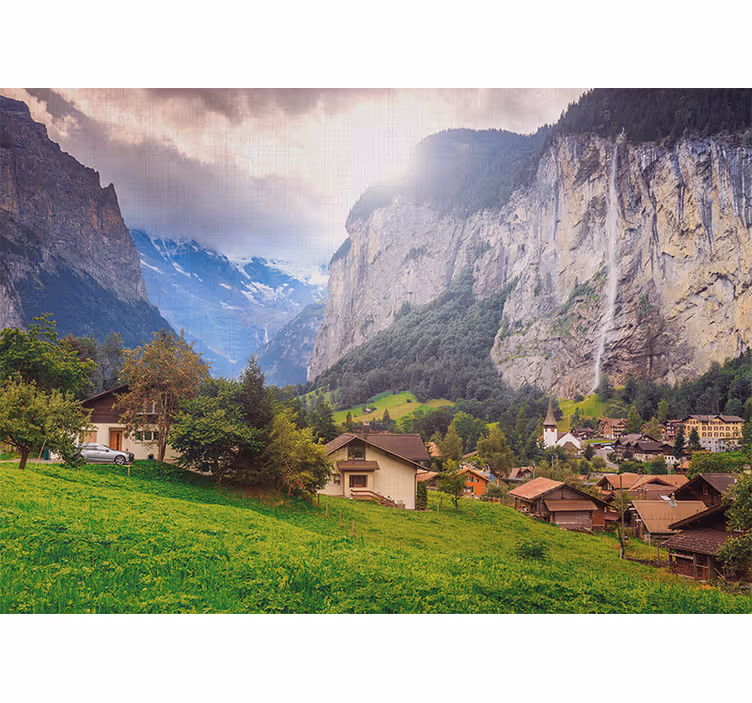 Papel pintado paisaje escena de valle montañoso - TenVinilo