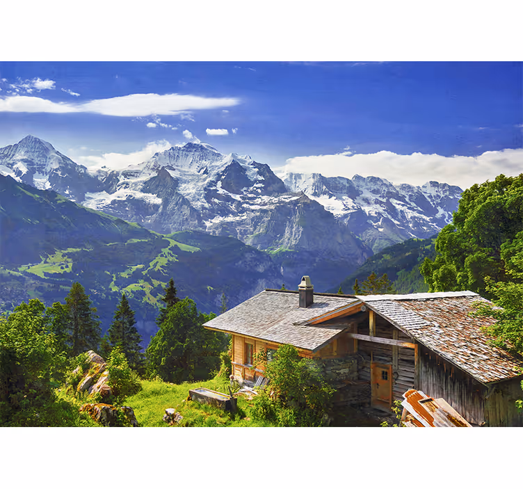 Papel pintado paisaje escena de refugio en montaña - TenVinilo