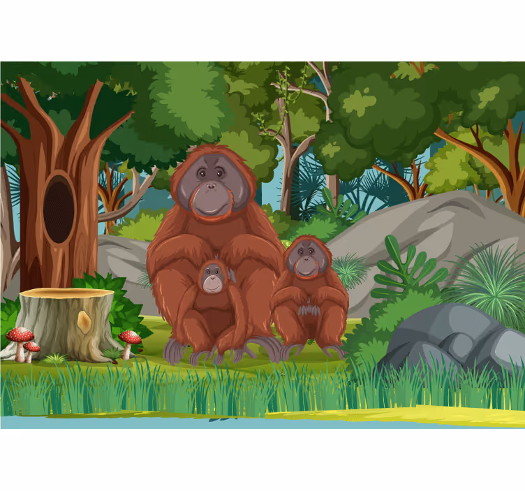 Fotomural animales escena de familia de orangutanes - TenVinilo