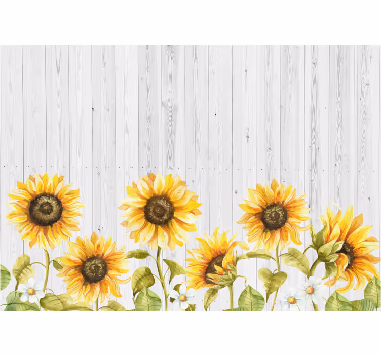 Mural de pared flores girasoles sobre textura de madera - TenVinilo