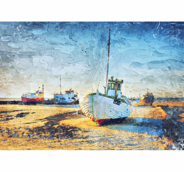 Fotomural ciudad barcos de pesca en la costa - TenVinilo