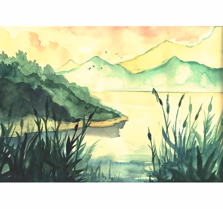 Fotomural lago paisaje sereno dibujado a mano - TenVinilo