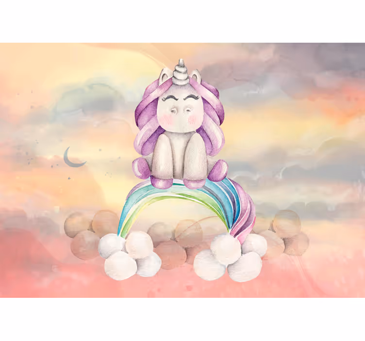 Fotomural fantasía unicornio y arcoíris adorable - TenVinilo