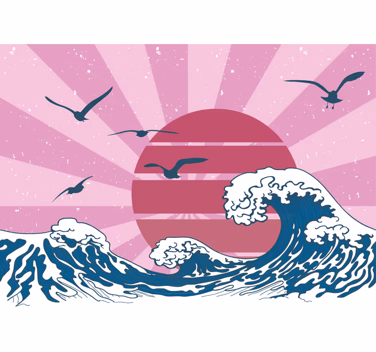 Papel pintado paisaje olas y atardecer - TenVinilo