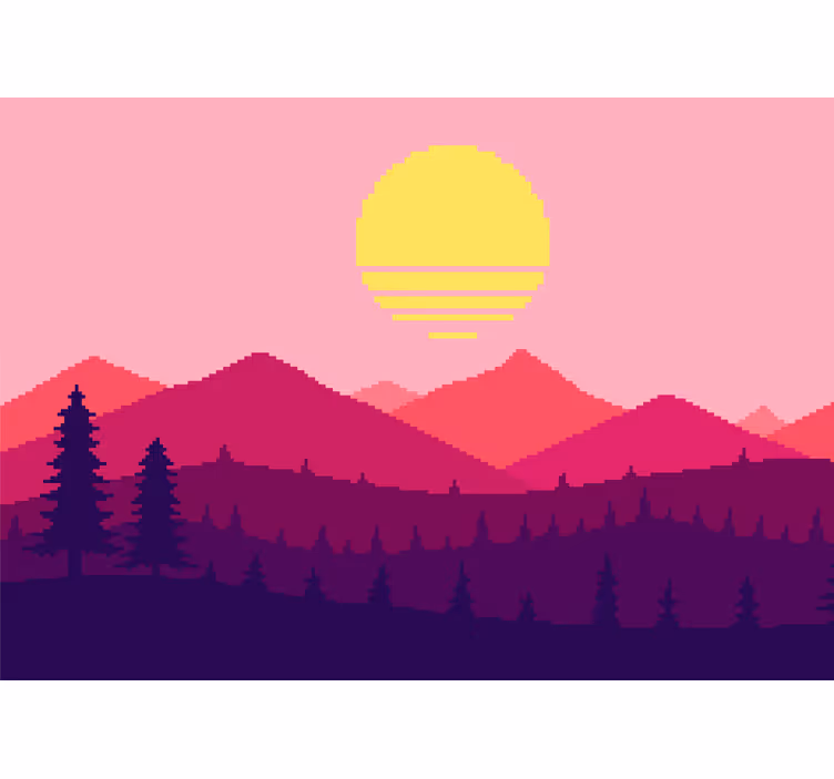 Papel pintado paisaje atardecer pixelado en montañas - TenVinilo
