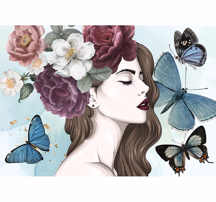 Mural de pared flores mujer con mariposas - TenVinilo