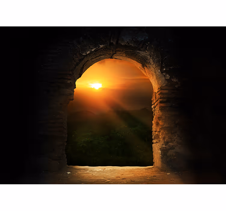 Papel pintado paisaje atardecer a través del arco - TenVinilo
