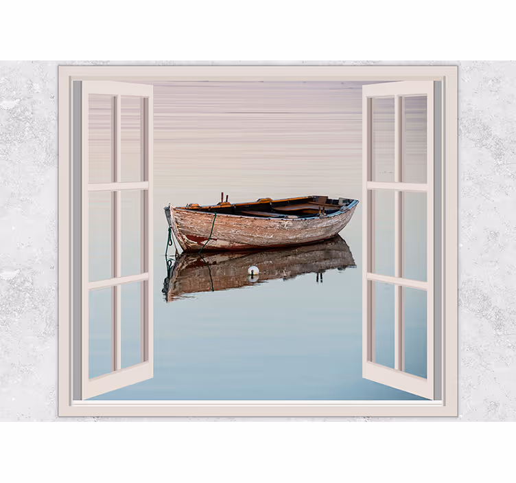 Fotomural lago reflejo de barco rústico - TenVinilo