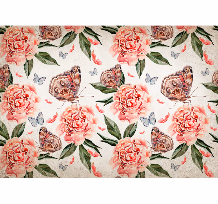 Mural de pared flores mariposas y peonías - TenVinilo
