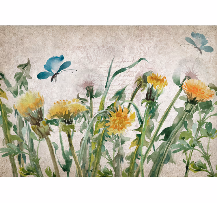Mural de pared flores diente de león con mariposas - TenVinilo