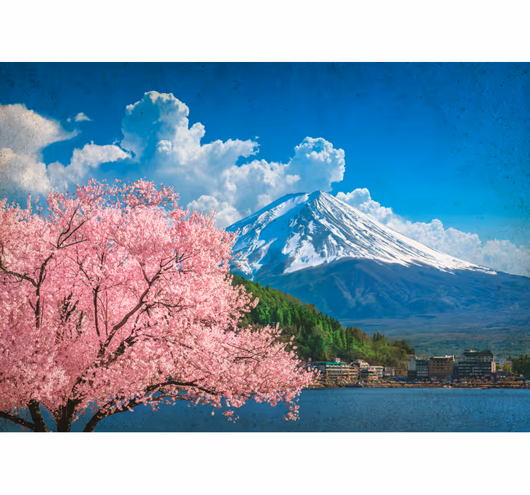 Papel pintado paisaje montañas y cerezos en flor - TenVinilo